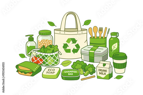 Eco-friendly shopping illustration with reusable tote, recycling symbol, organic groceries, zero-waste toiletries, and sustainable packaging items