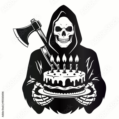 Grim Reaper with Birthday Cake and Axe - Macabre Celebration Vector Art