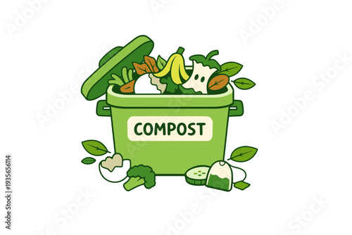 Illustration of a green compost bin filled with kitchen scraps and vegetable peels, promoting food waste recycling, sustainability, and eco-friendly gardening