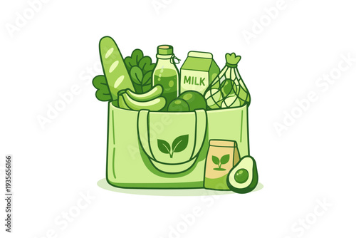 Illustrated reusable grocery tote filled with green foods including avocado, leafy vegetables, cucumber, bread, bottled drink and milk carton on white