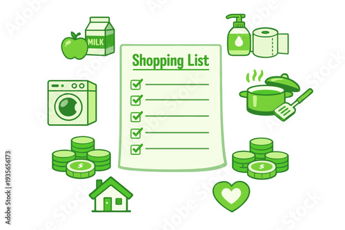 Green illustrated shopping list checklist with household budget icons including milk, apples, coins, laundry, cooking pot, soap, paper, home and heart