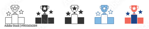 Collection of vector icons depicting a winner's trophy on a podium with stars, symbolizing victory, success, and top achievement
