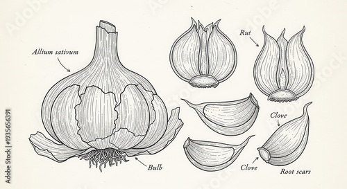 Botanical illustration details the structure and different parts of an edible bulbous plant