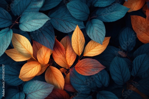 Colorful leaves with orange center and blue surroundings