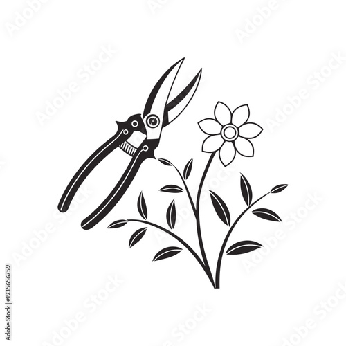 Black and White Illustration of Pruning Shears with Flower � Garden Tool and Plant Care Line Art