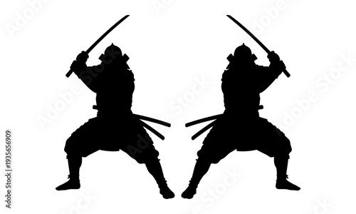 Dynamic silhouette of two Japanese samurai warriors in a combat stance with swords