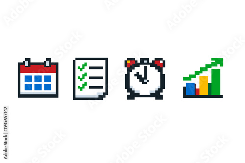 Pixel art productivity icons showing a calendar, checklist document, alarm clock, and upward growth chart for planning, scheduling, and progress tracking