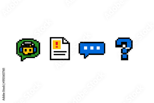Pixel art set of communication icons featuring a masked chat bubble, warning document, blue message bubble, and question mark symbol on white