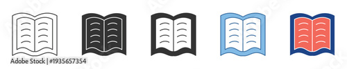 Collection of diverse open book icons, featuring outline, filled, and flat design styles, ideal for digital learning interfaces, educational applications, and knowledge-sharing platforms