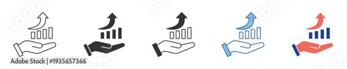 Varied icon designs illustrating a hand holding a rising bar graph with an upward arrow, representing financial growth, business success, and economic progress