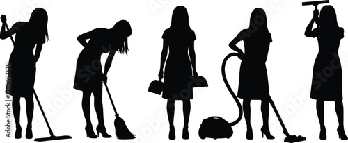 Black silhouette of woman cleaning service set isolated on white background, female housekeeper using vacuum, mop, broom and window squeegee vector