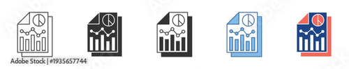 Vector icons depicting business data analysis reports with charts, representing financial progress, statistical insights, and efficient time management