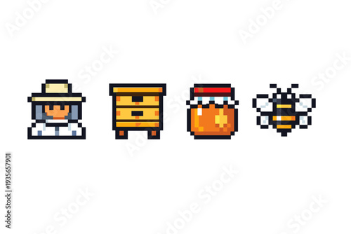 Pixel art beekeeping icons showing a beekeeper, wooden hive, honey jar, and flying bee in retro 8-bit style isolated on white background
