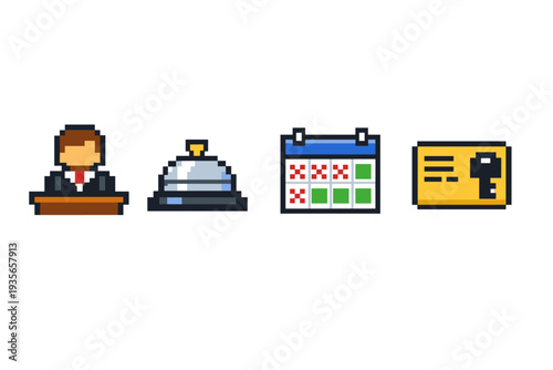 Pixel art hospitality and service icons showing a receptionist at a desk, a bell, a calendar schedule, and a room keycard on white background