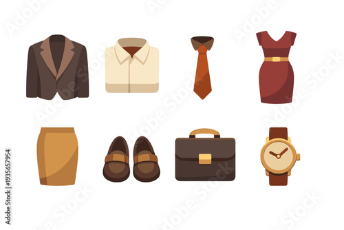 Flat vector collection of business attire and accessories including suit jacket, shirt, tie, dress, skirt, shoes, briefcase, and wristwatch