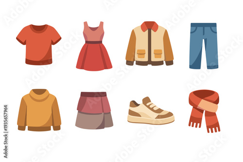 Set of casual clothing and accessories icons including shirt, dress, jacket, jeans, sweater, skirt, sneakers, and scarf in flat style