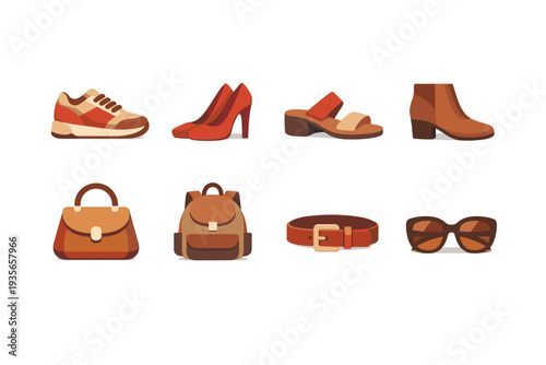 Vector set of autumn fashion accessories featuring shoes, heeled pumps, sandals, ankle boots, handbag, backpack, belt, and sunglasses on white