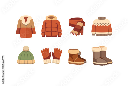 Set of winter clothing icons featuring coats, scarf, sweater, knit hat, gloves, and warm boots in flat vector illustration on white background