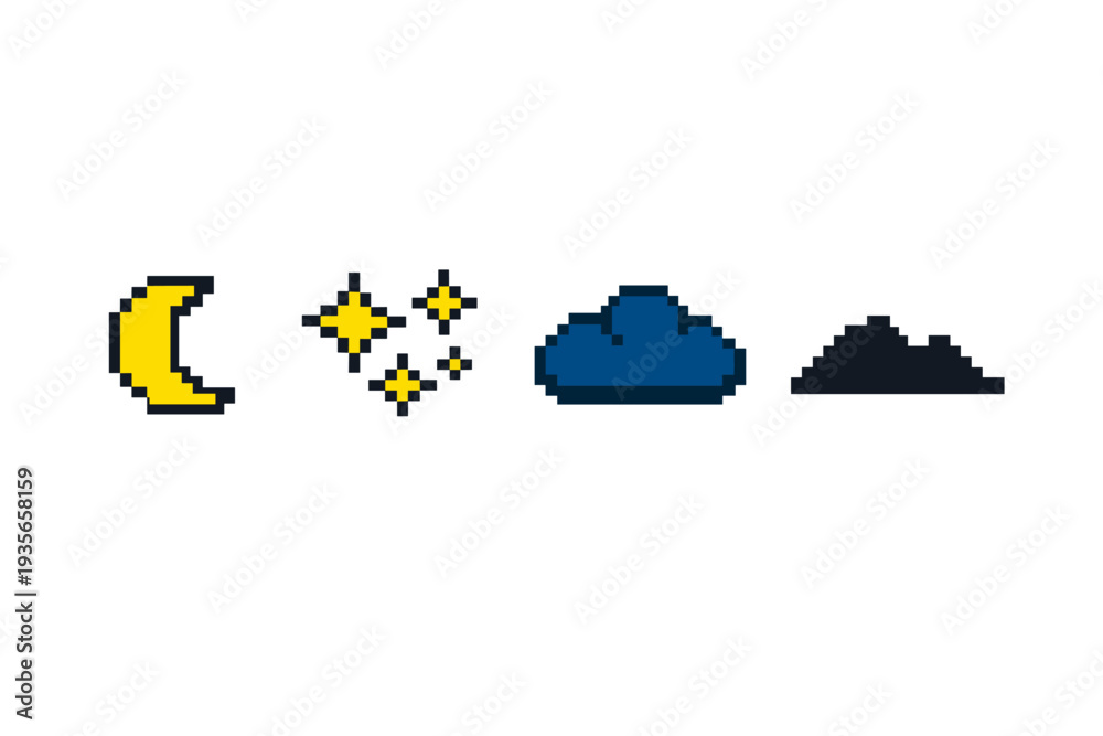 Fototapeta premium Pixel art night weather icon set showing crescent moon with stars, a dark cloud, and a distant mountain silhouette in retro 8-bit style