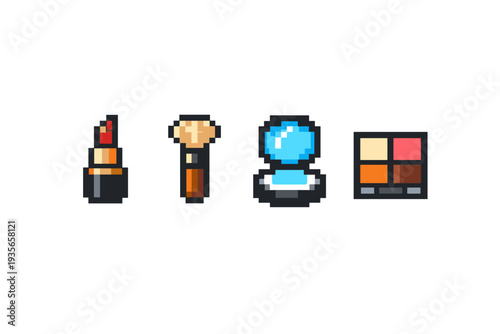 Pixel art cosmetics icon set featuring lipstick, makeup brush, perfume bottle, and eyeshadow palette isolated on a white background in retro style