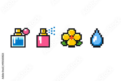 Pixel art set of cosmetic icons featuring perfume bottles, flower scent, and water droplet, isolated minimalist retro game UI symbols
