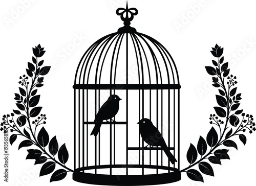 Birdcage silhouette illustration, two perched birds, decorative floral design, symmetrical ornamental artwork, confinement and freedom concept, black vector cultural symbol