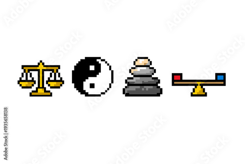 Pixel art icons showing balance scales, yin yang symbol, stacked stones, and a colorful seesaw representing harmony, equilibrium, mindfulness, and fairness