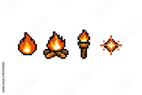Pixel art fire icon set featuring flame, campfire, torch, and glowing ember symbols in retro 8-bit style isolated on white background