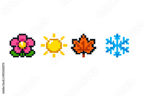 Pixel art seasonal icons set featuring spring flower, summer sun, autumn leaf, and winter snowflake in retro 8-bit style on white background