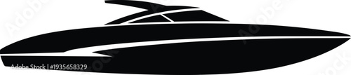 Sleek black motor yacht silhouette with sharp lines isolated on a white background for graphic design