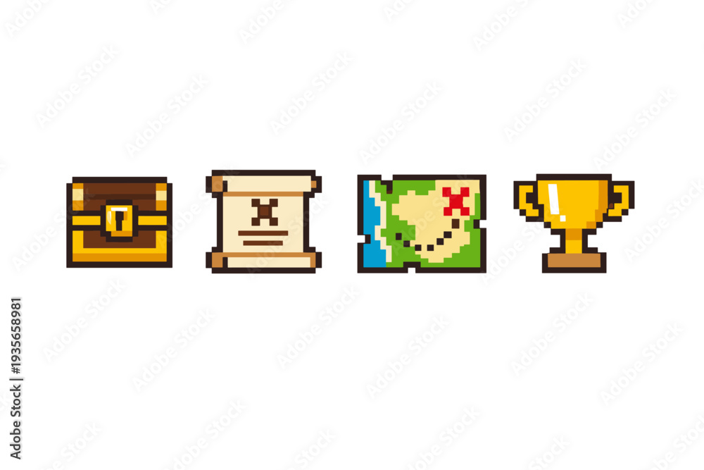 Obraz premium Pixel art adventure quest icons featuring treasure chest, parchment scroll, folded map with marked destination, and golden trophy reward on white background