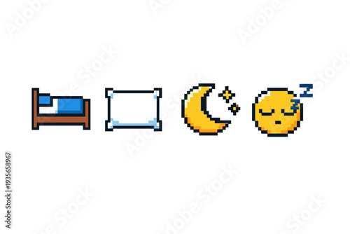 Pixel art sleep icons set showing bed, pillow, crescent moon with stars, and sleeping face symbol on a clean white background