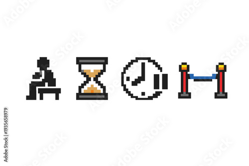 Pixel art icons showing a runner, hourglass, clock and finish barrier symbolizing training, time management, endurance and race preparation