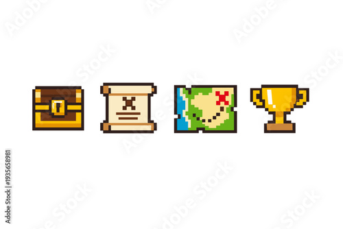 Pixel art adventure quest icons featuring treasure chest, parchment scroll, folded map with marked destination, and golden trophy reward on white background