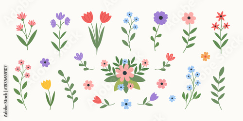 Set of vector flowers, floral decorations with leaves, floral elements spring, summer art for greeting cards,floral poster, invite,invitations,Mother's Day,Happy Easter. Wedding concept with flowers.