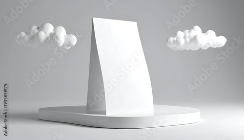 Blank white easel on platform with clouds against a minimalist, gray backdrop