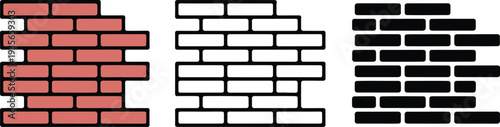Brick wall silhouette & Outline and illustration set isolated on transparent background