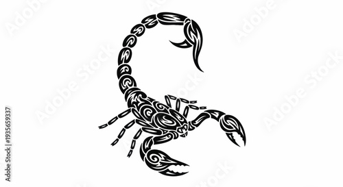Ornate black tribal scorpion tattoo illustration with stylized decorative patterns.