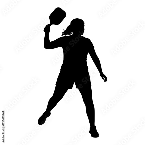 Athletic woman silhouette playing pickleball or paddle tennis with a paddle
