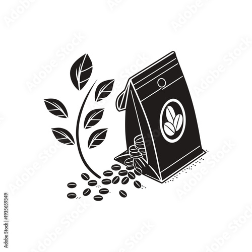 Black Coffee Bag with Coffee Beans and Leaf Illustration � Premium Coffee Packaging Design Concept