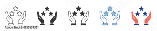 Customer satisfaction and service quality feedback vector icon set with hands holding three stars, representing review and excellent rating concepts for user experience