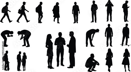 Black silhouettes of diverse families playing, couples standing together, and people fishing from boats isolated on white background for social community,