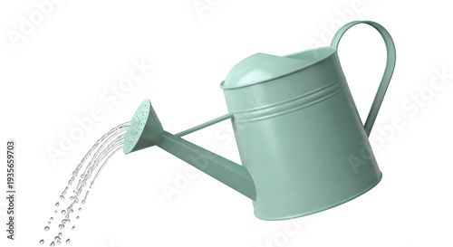 Green metal watering can pouring water
