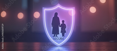 Glowing neon shield sign with mother and child silhouette and secure text representing family safety and protection concept