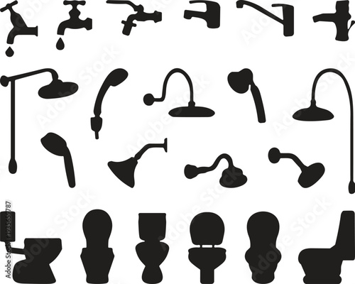 Collection of bathroom fixtures silhouettes including faucets, shower heads, and toilets illustrating plumbing equipment, sanitary ware design, and home interior essentials set