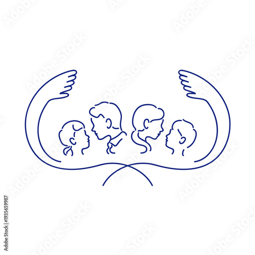 寄り添う4人家族の絆を描いたシンプルなラインアート・ベクターイラスト