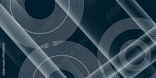 Dark blue abstract background with glowing white circular lines decoration. Circular lines pattern with white shadow effect for cover, banner, brochure, and website. EPS. 2