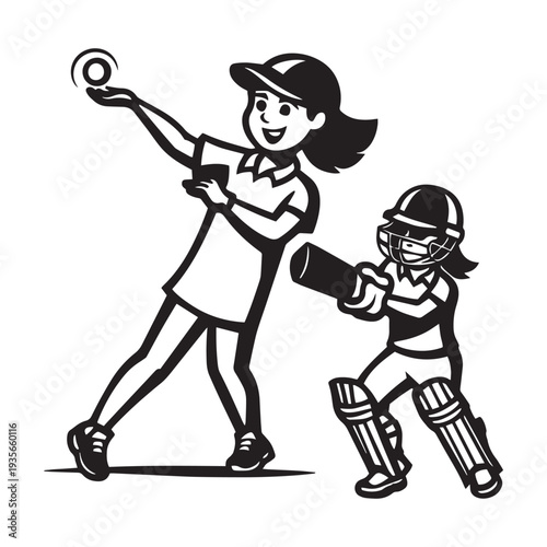 Two girls playing cricket vector illustration. female bowler throwing ball to batter. children sport game. cartoon black and white art