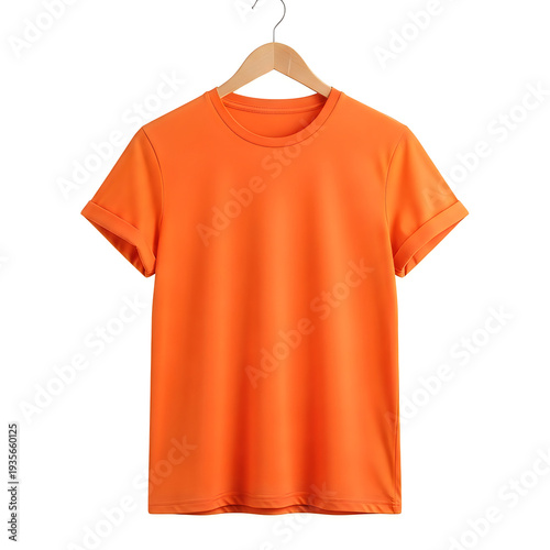 Foto A vibrant orange t-shirt on a wooden hanger isolated on white background