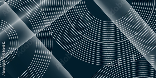 Dark blue abstract background with glowing white circular lines decoration. Circular lines pattern with white shadow effect for cover, banner, brochure, and website. EPS. 2
